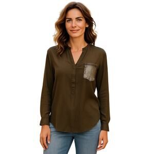 Sandro Of France Silk Blouse With Metallic Pocket & Yoke Sz XS Glam Luxe Preppy